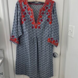 Boden Navy and Light Blue Paisley with red embroidery. Cotton swing dress size 8